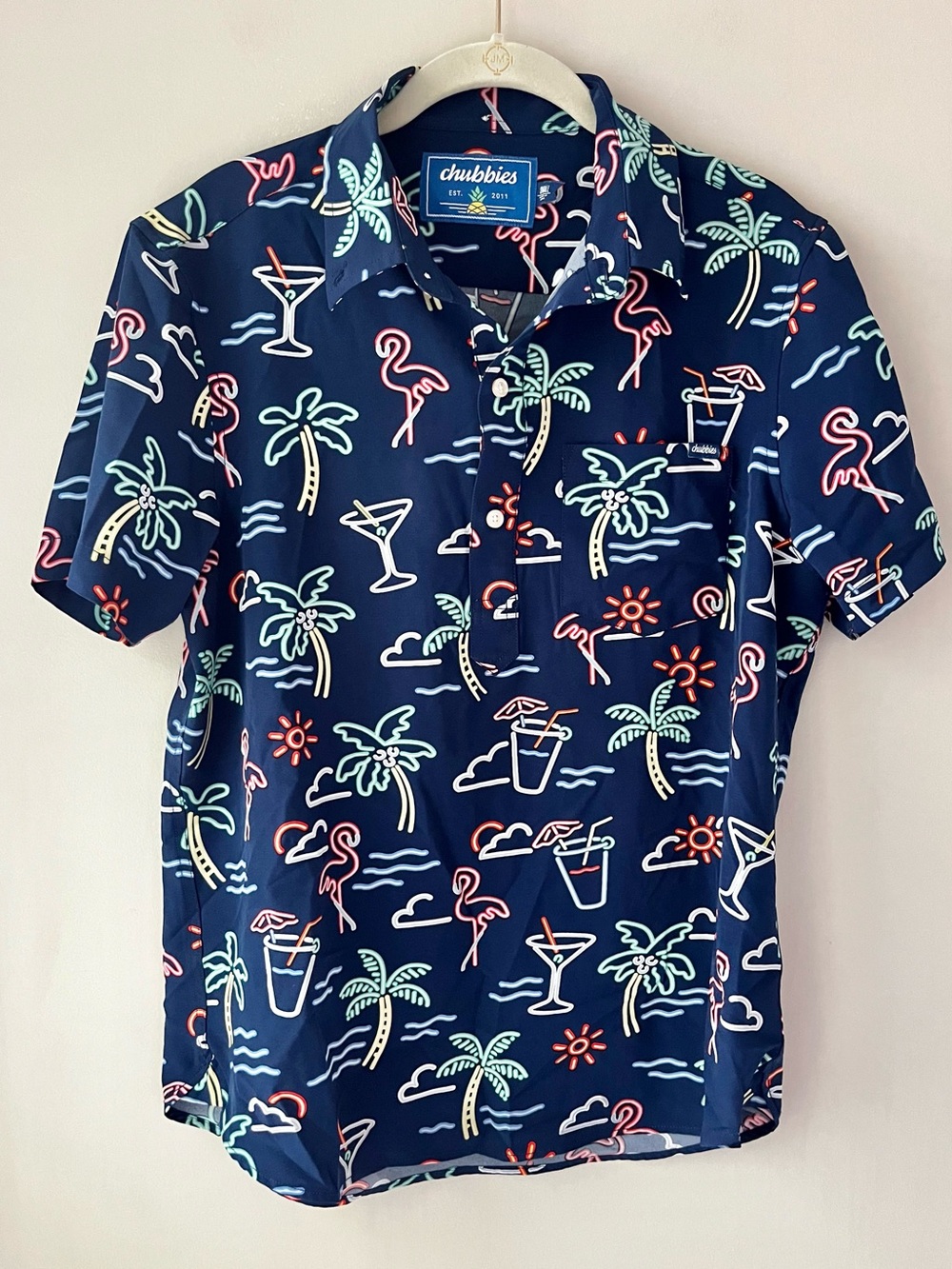chubbies Navy Short Sleeve Tropical Neon Polo Palm Flamingo Bar Lights Shirt